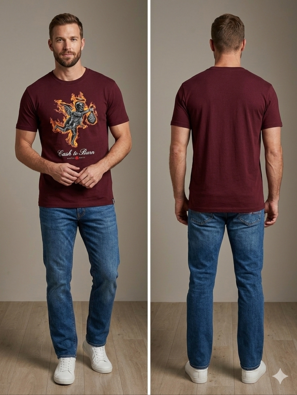 Men's Crewneck Graphic Tee " Cash To‎ Burn" - Burgundy